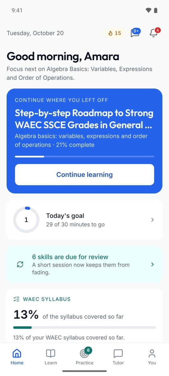 The AdaptLearn Android app home screen, showing the next lesson and today's goal